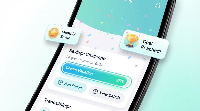 Close-up of a smartphone screen showing a gamified savings feature with progress towards a dream vacation goal and colorful badges.