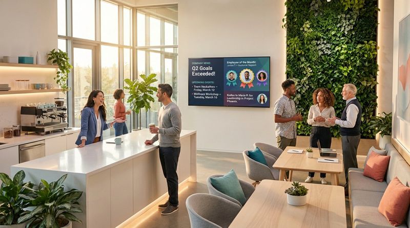 A lively office breakroom with employees chatting and a digital bulletin board displaying company updates.