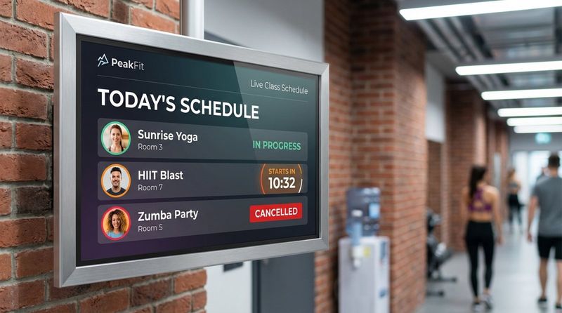 Digital signage screen in a gym hallway displaying a live class schedule with class details and status indicators.