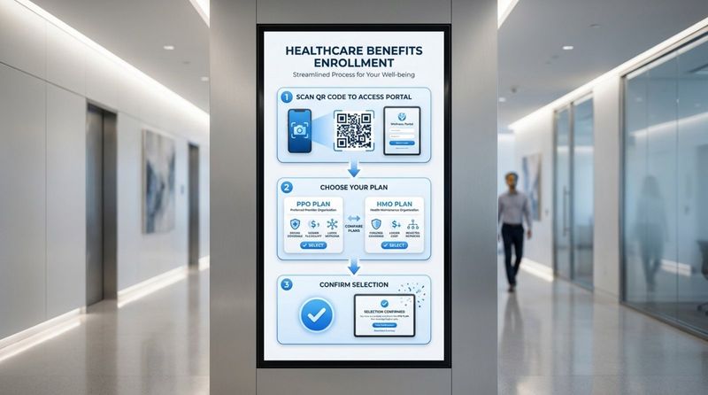A digital screen displaying a clean infographic explaining the healthcare benefits enrollment process with icons and a flow-chart.