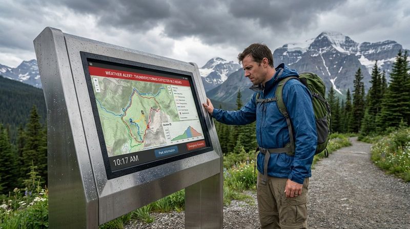 A rugged outdoor digital kiosk displays a trail map and weather alert at a national park entrance with mountains and forest in the background.