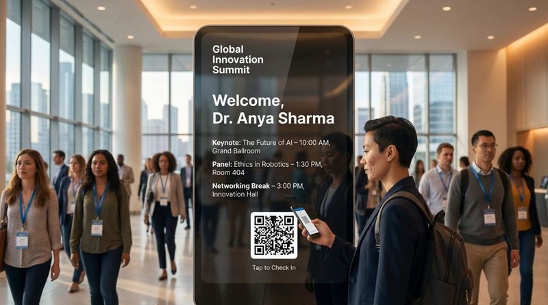 Photorealistic scene of a digital welcome screen displaying a personalized greeting and schedule in a busy conference lobby with attendees and a person scanning a QR code.