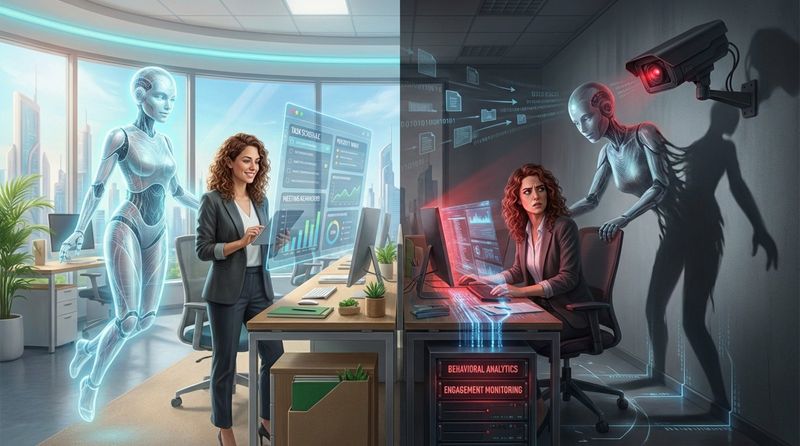 Conceptual illustration showing the dual nature of AI in the workplace with helpful AI on one side and surveillance risks on the other.