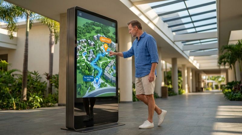 A guest interacts with a modern digital signage kiosk displaying a 3D resort map to find the swimming pool.