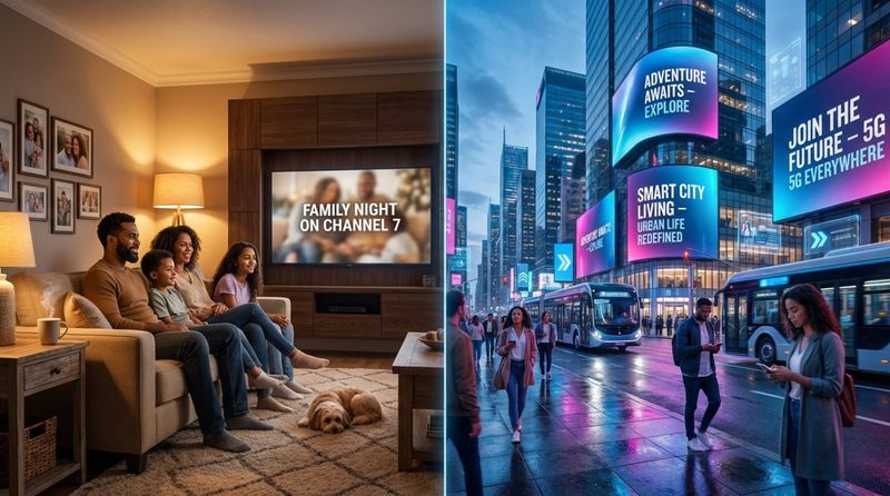 Split-screen image contrasting a cozy family watching TV with a busy city street featuring digital billboards.