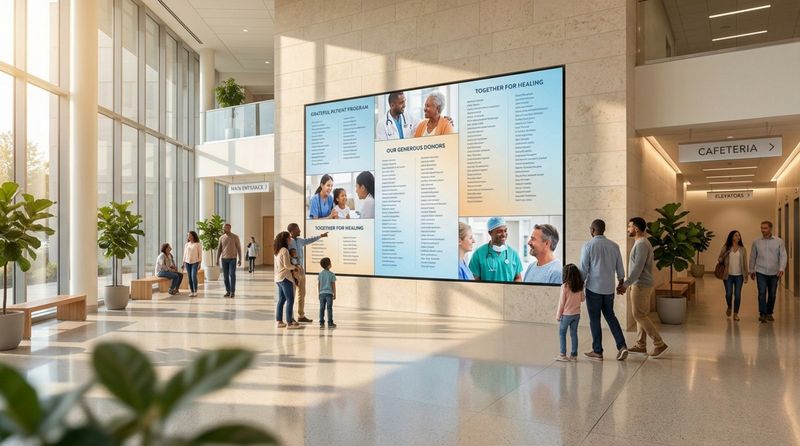A hospital lobby features a large digital donor wall displaying donor names and images, with visitors viewing the display in a bright, modern setting.
