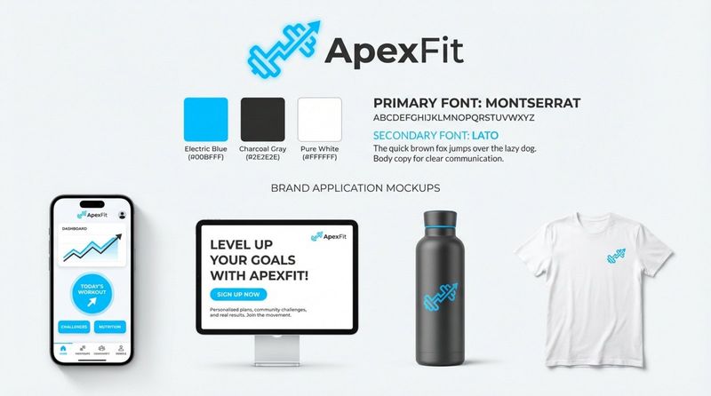 A professional infographic displaying a cohesive fitness brand identity across various mockups including app, social media, water bottle, and t-shirt.