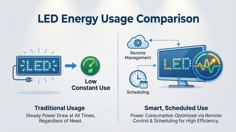 A clear diagram comparing low constant energy use with smart scheduled usage showing icons of LED signs and energy meters.