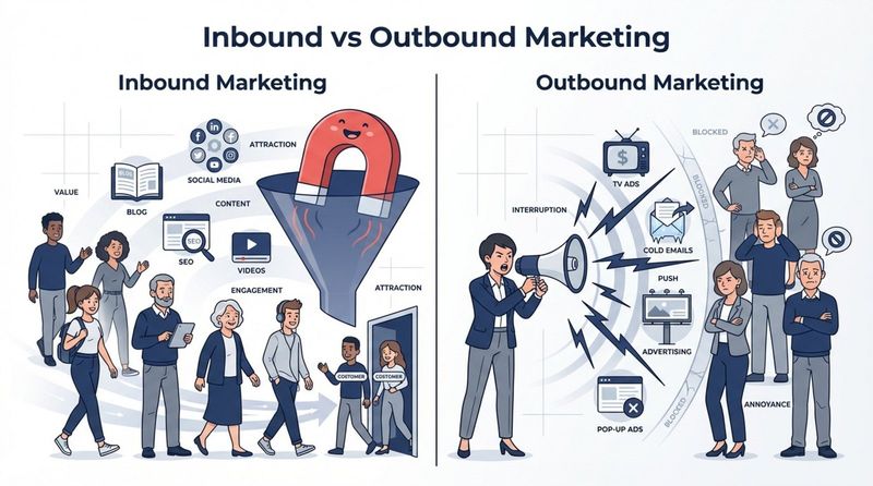 A modern infographic contrasting inbound and outbound marketing with simple visuals and corporate colors. Shows a magnet attracting people for inbound marketing and a person shouting into a megaphone with indifferent audience for outbound marketing.