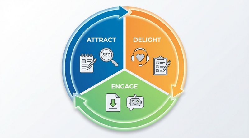Circular infographic diagram illustrating the inbound marketing flywheel with arrows showing continuous motion, divided into attract engage and delight sections with relevant icons.