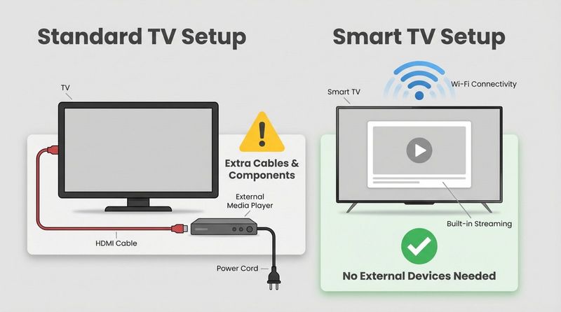 Minimalist infographic comparing standard and smart TV setups with icons and labels.