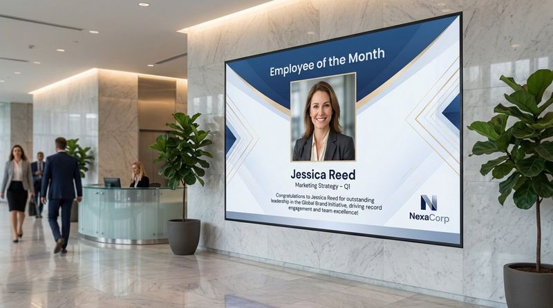 A digital bulletin board in a corporate lobby displaying an employee of the month award with a smiling female employee's headshot and company logo.
