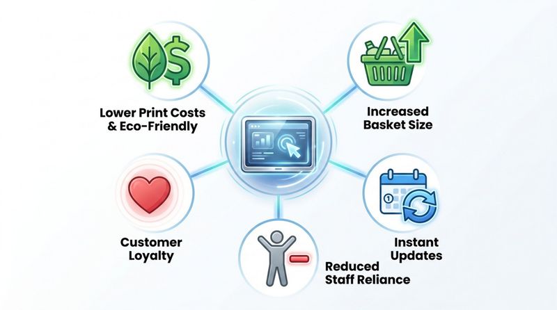 Infographic illustrating key benefits of digital signage with icons representing increased sales updates staff reduction loyalty and eco-friendliness.