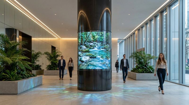 A sleek futuristic lobby featuring a large curved OLED display integrated into a support column showing flowing water and nature.