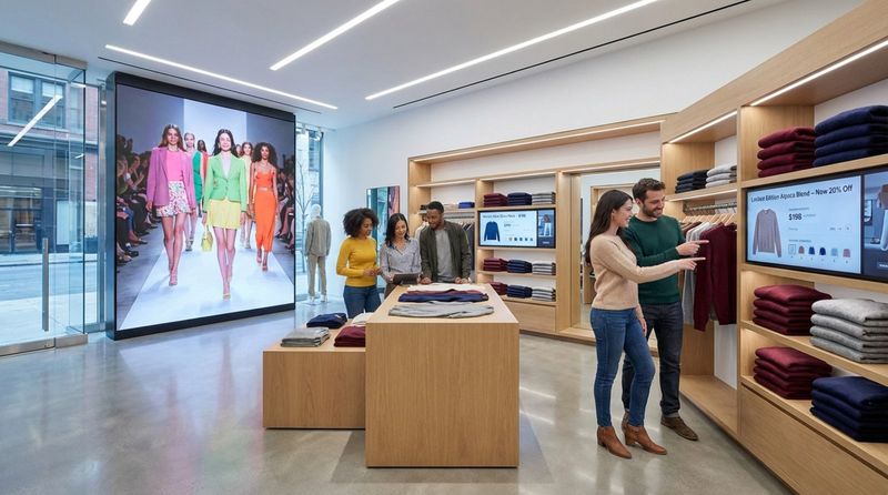 A vibrant retail clothing store with digital signage screens displaying fashion videos and product details, creating an engaging shopping environment.