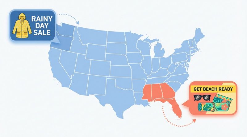 A vector-style map of the United States illustrating geotargeting with region-specific pop-up ads for raincoats in the Pacific Northwest and beach accessories in Florida.
