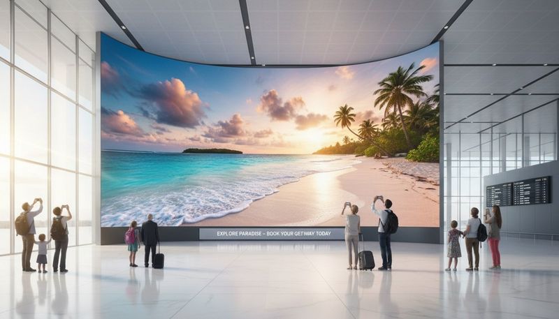 A large seamless LED wall in an airport displays a vibrant tropical beach image, captivating travelers with high-resolution clarity.