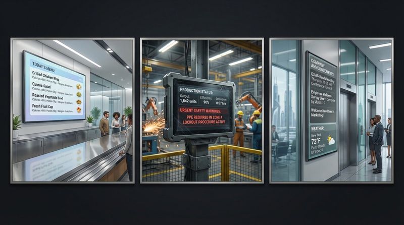 Triptych illustration of digital bulletin boards in workplace settings displaying menus, production metrics, safety warnings, announcements, and weather updates.