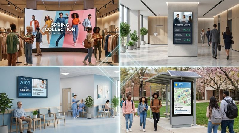 A collage showing diverse digital signage uses in retail, corporate, healthcare, and education environments.