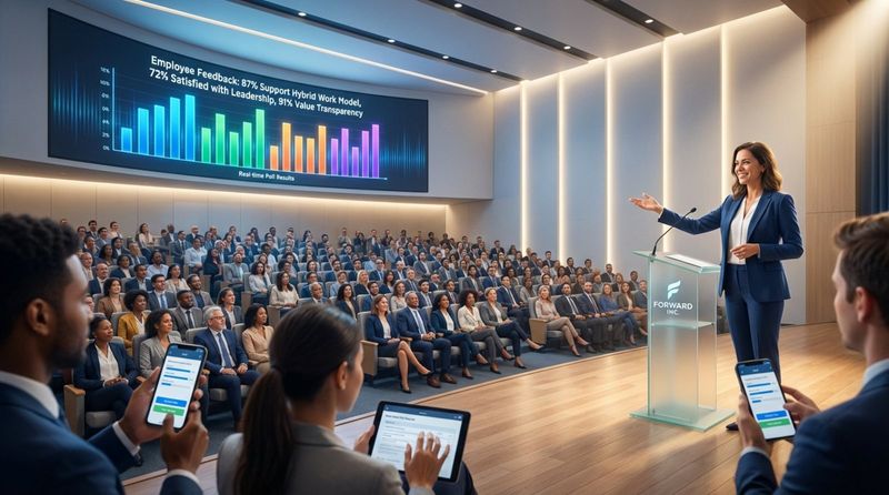 A lively town hall meeting with employees engaging with a live poll displayed on a large screen, led by a smiling female CEO in a well-lit auditorium.