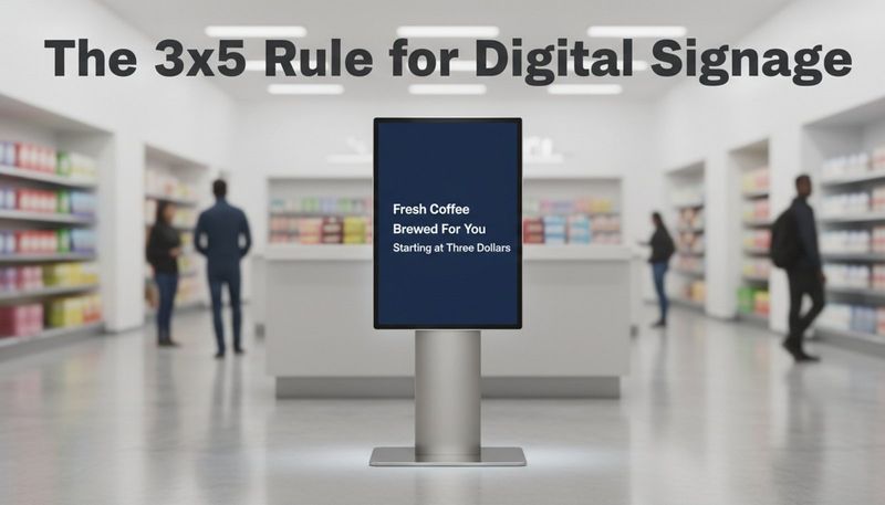 A modern digital display illustrating the 3x5 rule for signage with clear headline and three lines of five words each for readability.