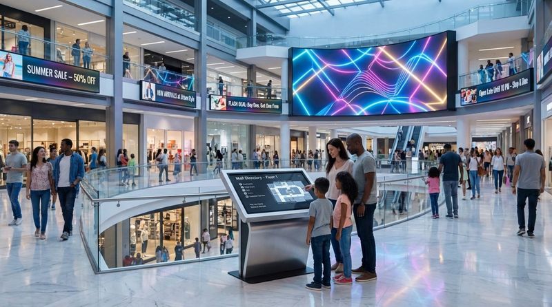A busy shopping mall atrium with shoppers and digital displays showcasing a vibrant, technological environment.