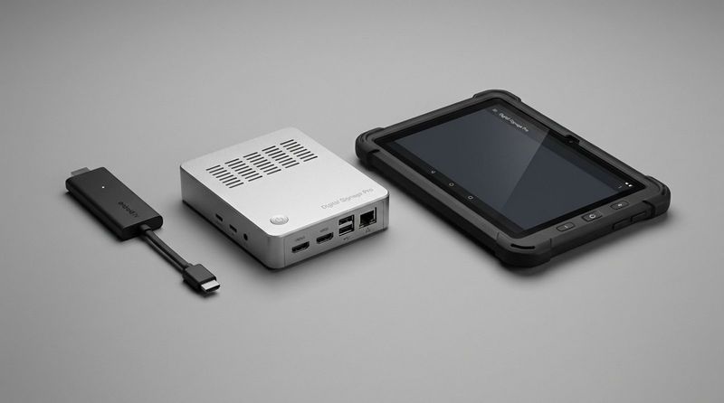 A studio photograph showing various Android digital signage devices on a neutral grey background, including a compact HDMI stick, a silver media player box, and a 10-inch Android tablet in a black case.