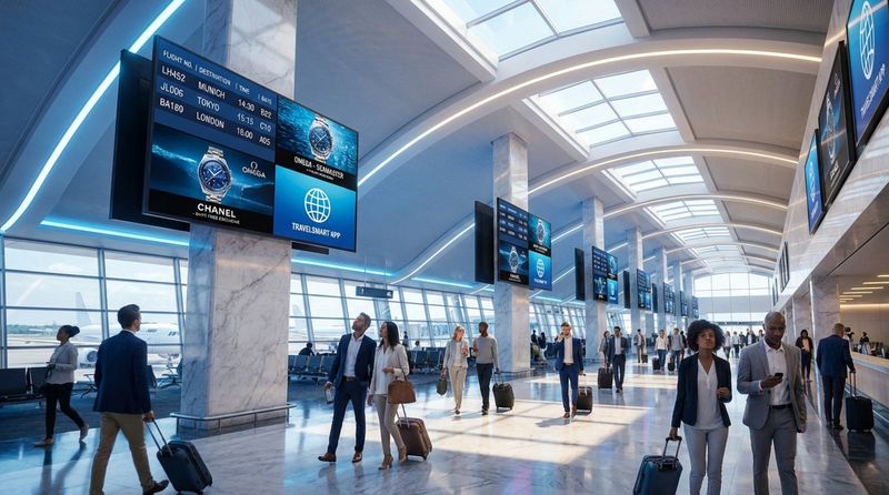 Bright airport terminal with digital signage screens displaying travel and advertisement information.
