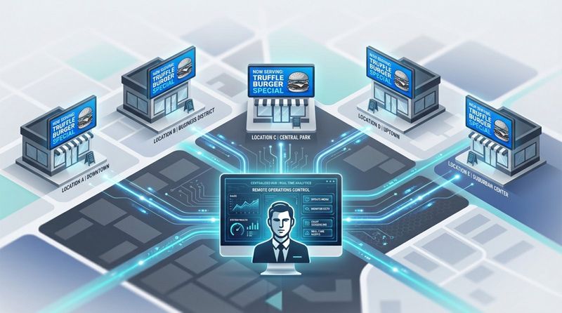 A digital infographic showing a manager controlling multiple restaurants remotely through centralized updates.