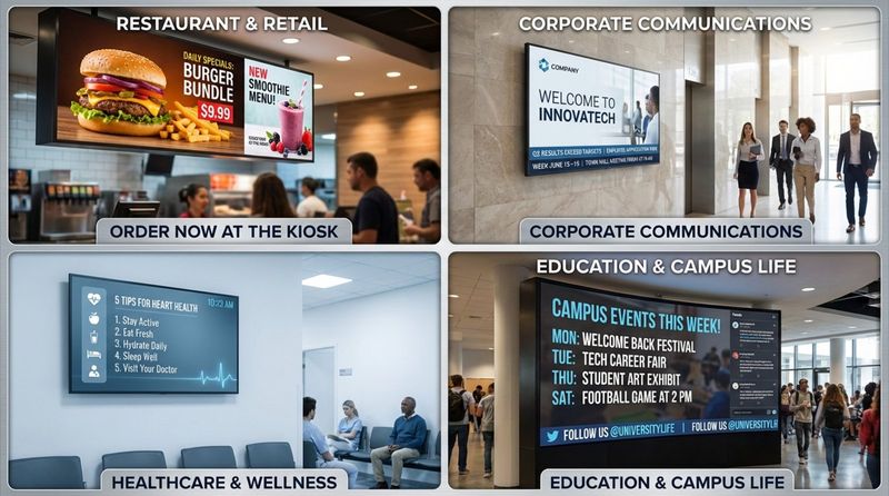 A collage of digital signage displays across four industries showing menus, corporate news, hospital wellness tips, and campus events.