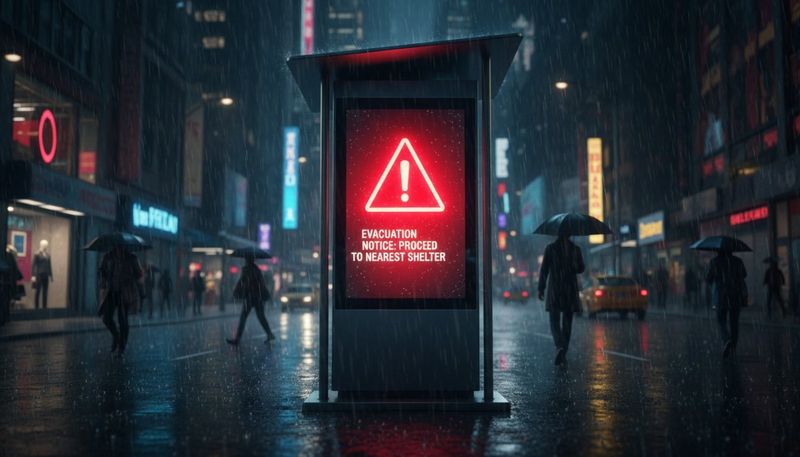 A brightly glowing digital kiosk on a rainy city street at night displaying an evacuation notice with a red alert symbol.