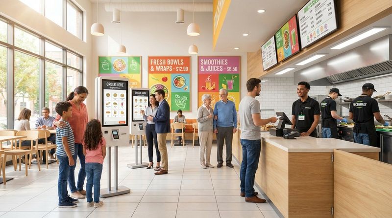 A busy modern quick service restaurant with customers ordering at self-service kiosks and a friendly cashier, showcasing efficiency and cleanliness.