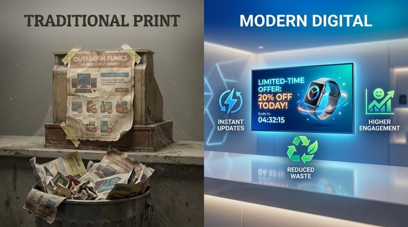 Split-screen infographic comparing traditional print and modern digital signage, highlighting the advantages of digital displays for dynamic updates and engagement.