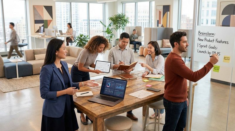 A diverse group of colleagues collaborating at a shared project table in a bright office, brainstorming around a laptop.