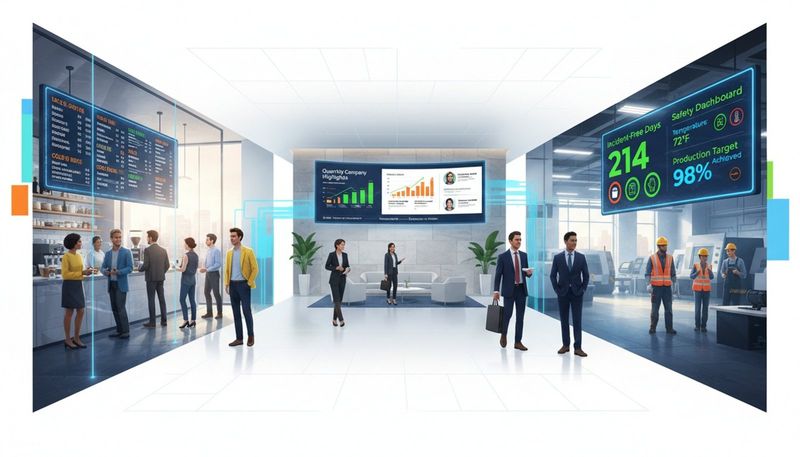 A vibrant infographic collage displaying various digital signage applications in cafes, corporate lobbies, and factories.