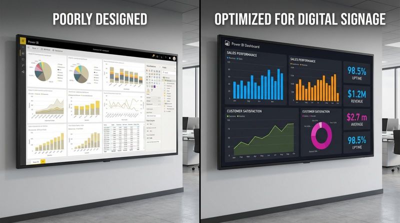 Side-by-side comparison of a cluttered poorly designed dashboard and a clean optimized digital signage display highlighting readability and clarity.