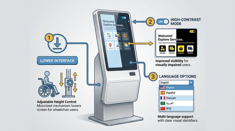 Diagram illustrating accessibility features on an interactive kiosk with icons and labels for wheelchair interface, high-contrast mode, and language selection.