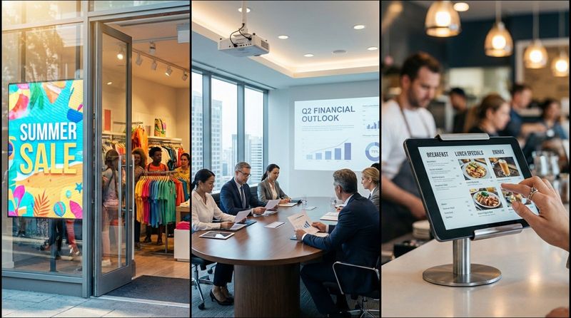 A collage of digital signage displays in different environments including retail, corporate, and restaurant settings.