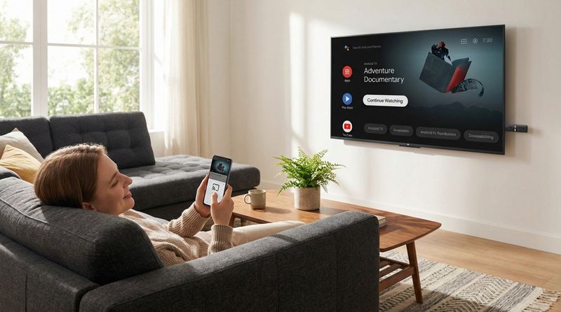 A person relaxes on a couch using their smartphone to cast a video to the TV, highlighting easy streaming with Chromecast.