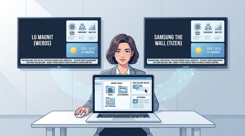 A modern infographic illustrating a user managing digital signage content on a sleek laptop connected to large screens displaying LG Magnit and Samsung The Wall interfaces.