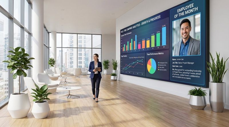 A corporate office lobby with a digital KPI dashboard displaying sales and project progress, emphasizing transparency and engagement.