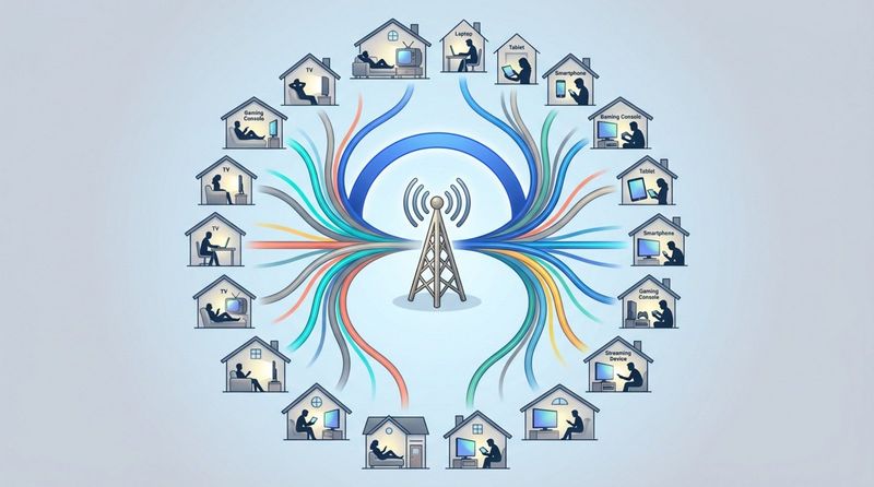 A stylized diagram showing audience fragmentation in broadcast media with a broadcast tower emitting waves that break into streams reaching different devices and viewers.