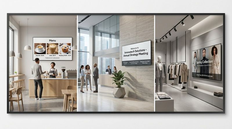A three-panel collage showcasing Smart TVs used for digital signage in different settings including a cafe, an office lobby, and a retail store.