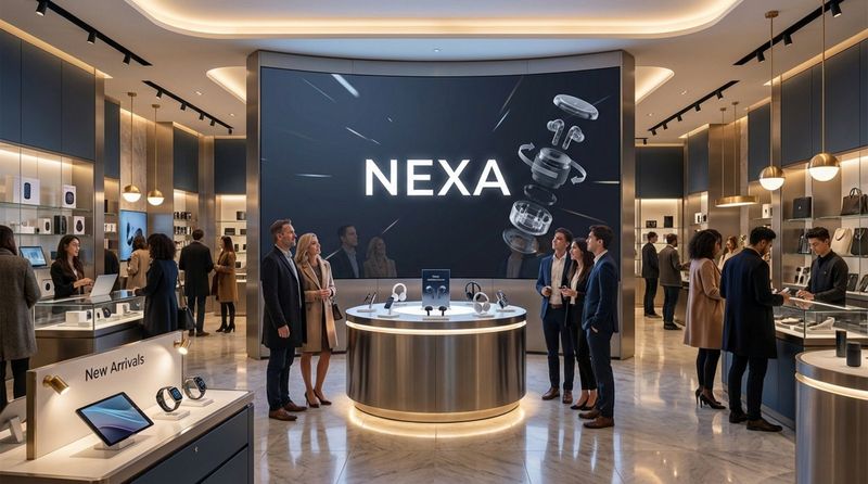 A digital screen displays a branded advertisement in a busy retail environment, highlighting the upscale atmosphere and product promotion.