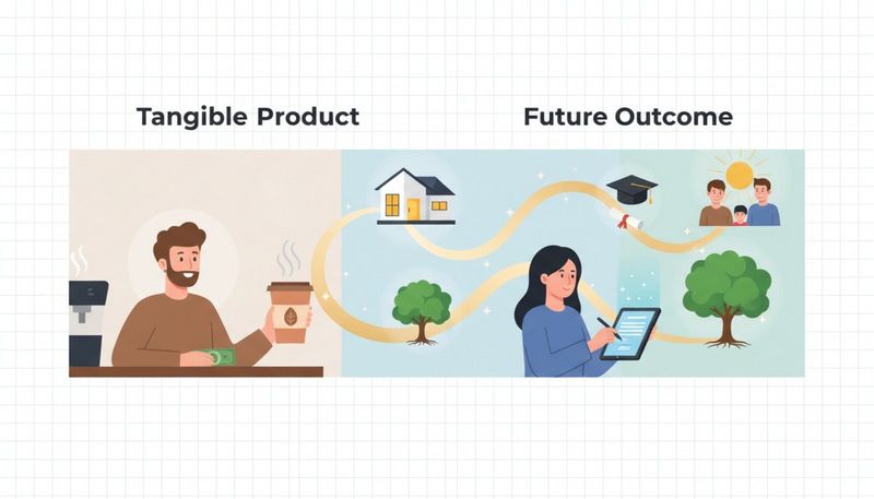 Diagram comparing tangible product purchase and digital contract leading to future milestones.