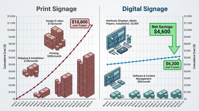 Infographic comparing long-term costs of print and digital signage showing savings with digital options.