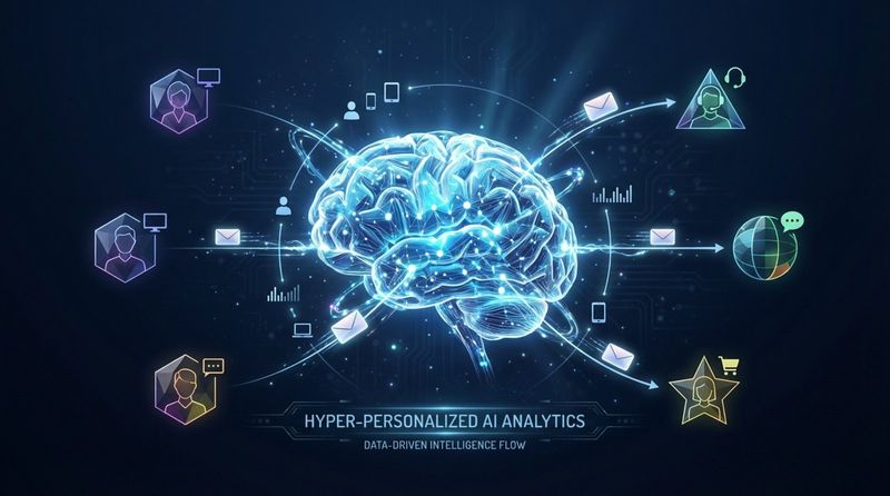 A sleek illustration of an AI brain processing user data and sending tailored messages to customer profiles.