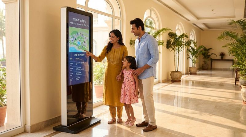 A family of South Asian descent happily using a touch-screen kiosk in a bright resort corridor, feeling confident and at ease.