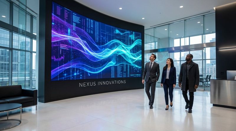 A sleek modern office lobby with a large curved LED screen showing vibrant data visualization and professionals walking through.