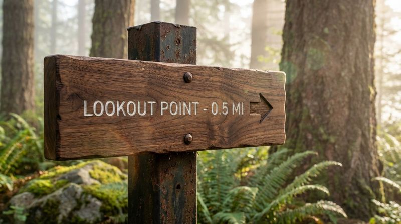 Close-up of a wooden directional sign in a national park indicating Lookout Point with a lush green background and morning light.